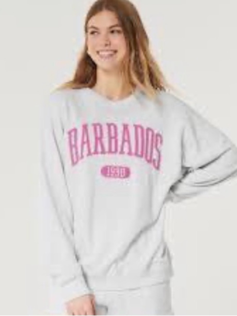 Hollister Grey Crewneck Sweatshirt with Pink 'BARBADOS' Applique